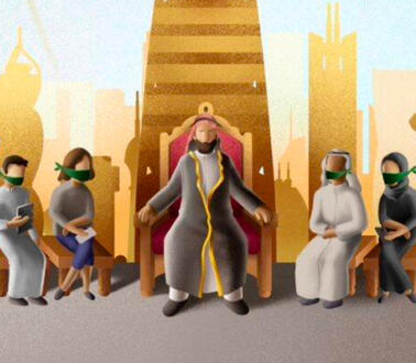 Das Bild zeigt eine Illustration: in der Mitte sitzt eine Person, auf einer Art Thron, daneben weitere Personen, die geknebelt sind.