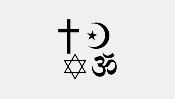 Zeichnung von Symbolen der Religionen Christentum, Islam, Judentum und Hinduismus