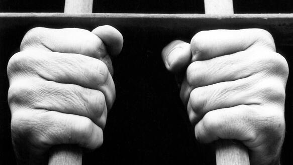 Zwei Hände halten sich an Gitterstäben fest