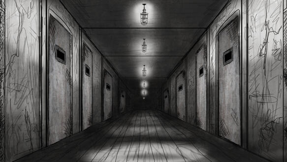 Zeichnung eines langen dunklen Gangs in einem Gefängnis mit Zellentüren auf der linken und rechten Seite.