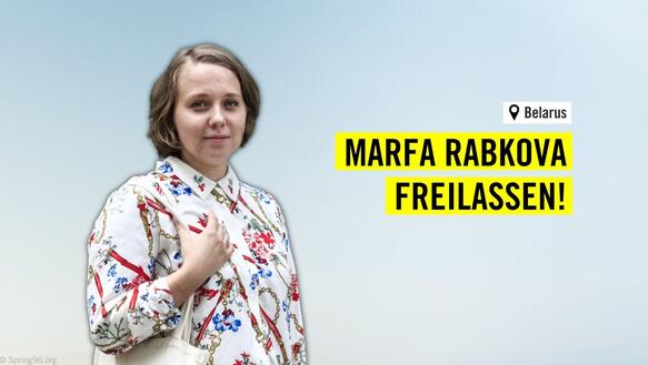 Konterfei von Marfa Rabkova + Schrift "Marfa Rabkova freilassen"