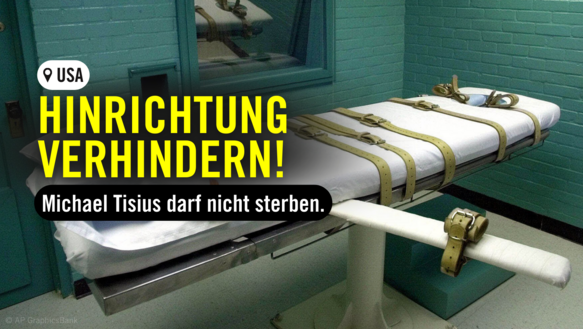 Foto einer Hinrichtungszelle in den USA mit Aufschrift "Hinrichtung verhindern! Michael Tisius darf nicht sterben."