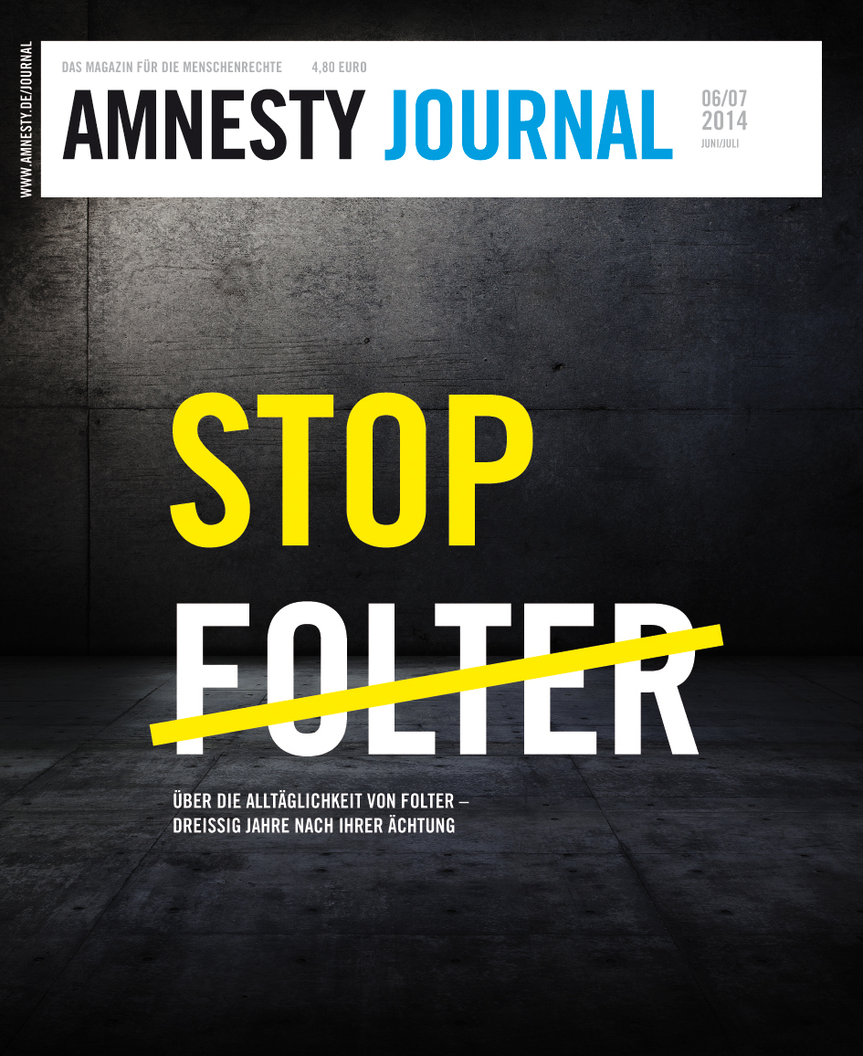 Journal Titelbild: Grafik eines schwarzen Raums mit dem Titel "Stop Folter"