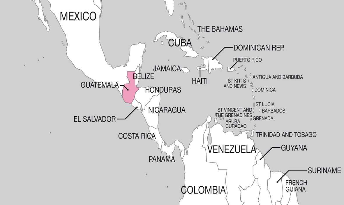 Das Foto zeigt die Umrisse von Guatemala auf einer Karte