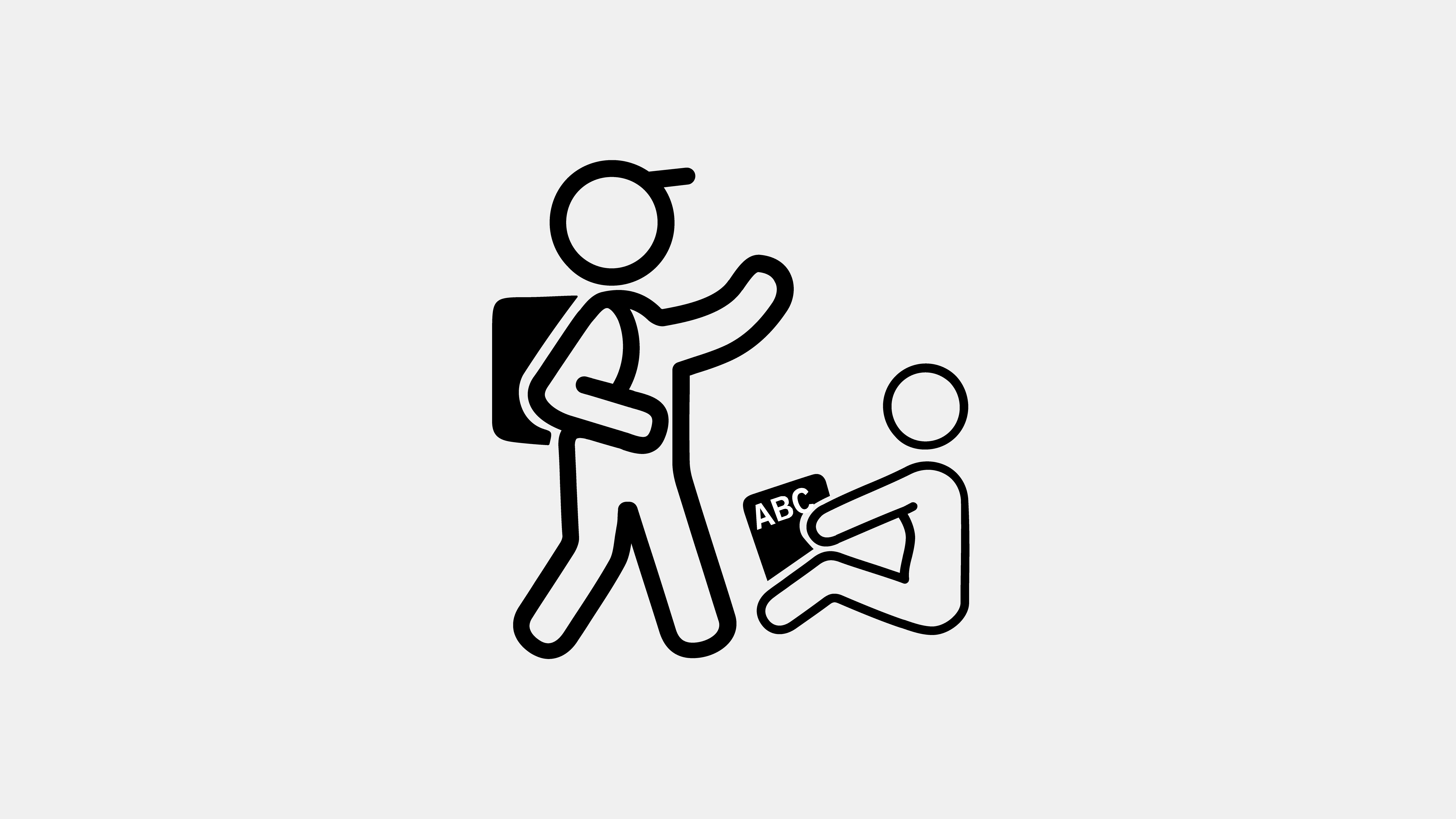Zeichnung einer Figur mit Rucksack und einer Figur mit Schreibheft, auf dem "ABC" steht