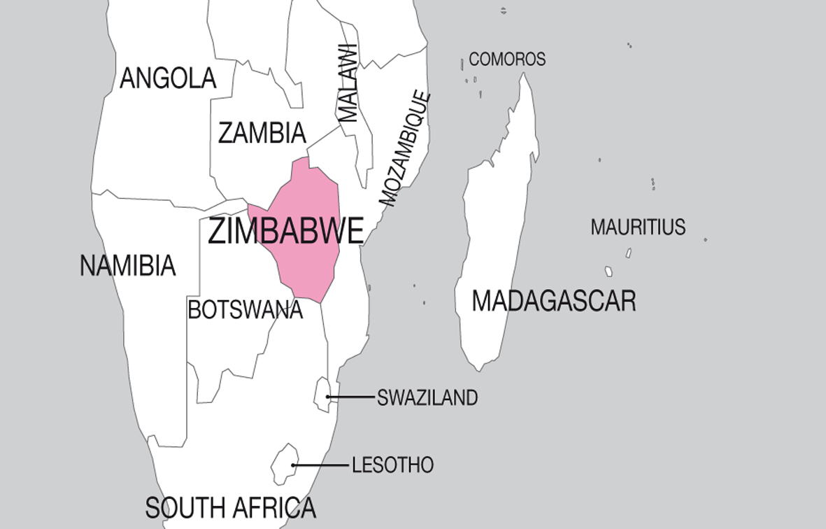 Eine Landkarte von Teilen des afrikanischen Kontinents, Simbabwe ist farblich hervorgehoben