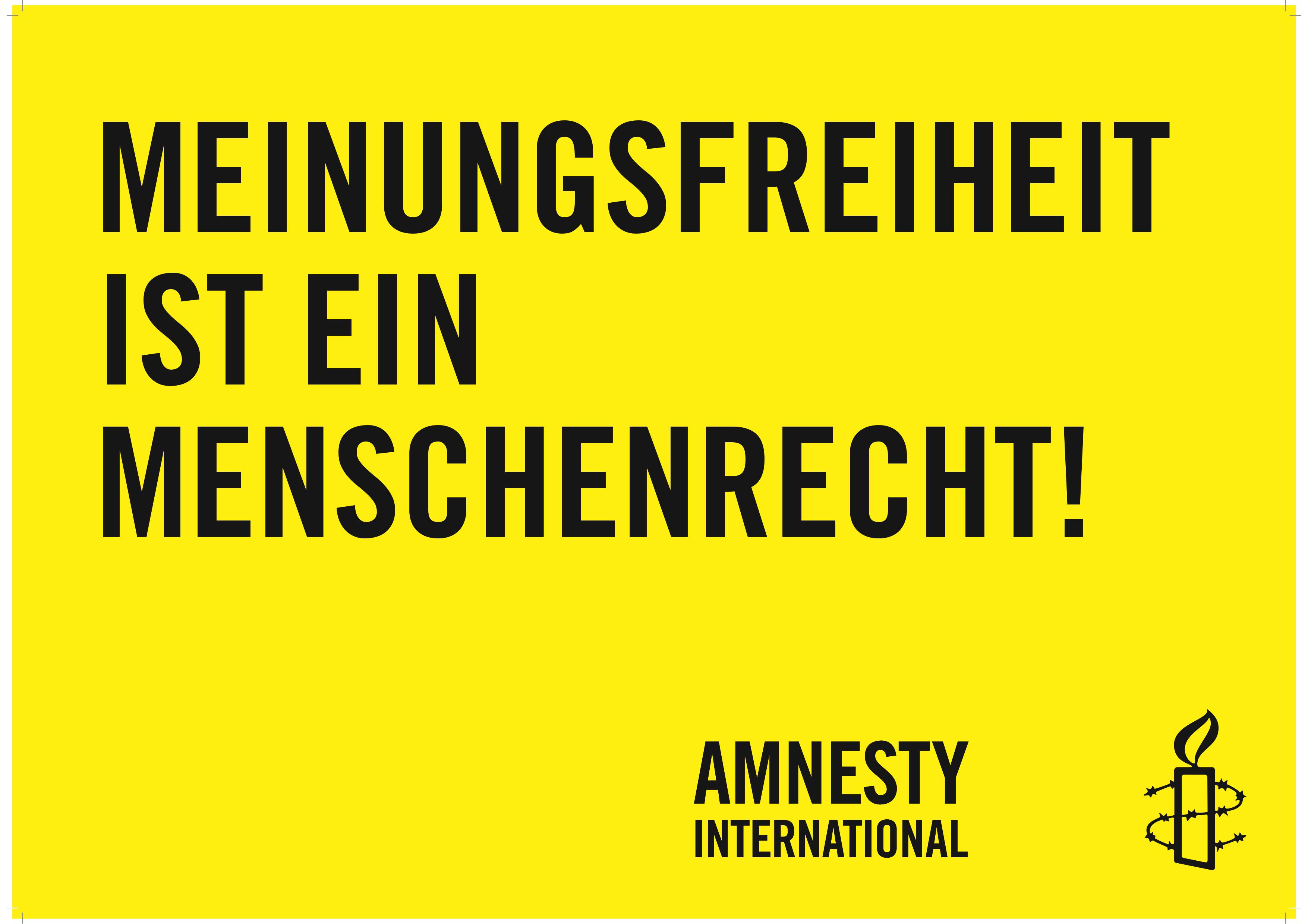 Schrift Meinungsfreiheit ist ein Menschenrecht und Amnesty Logo auf gelbem Hintergrund