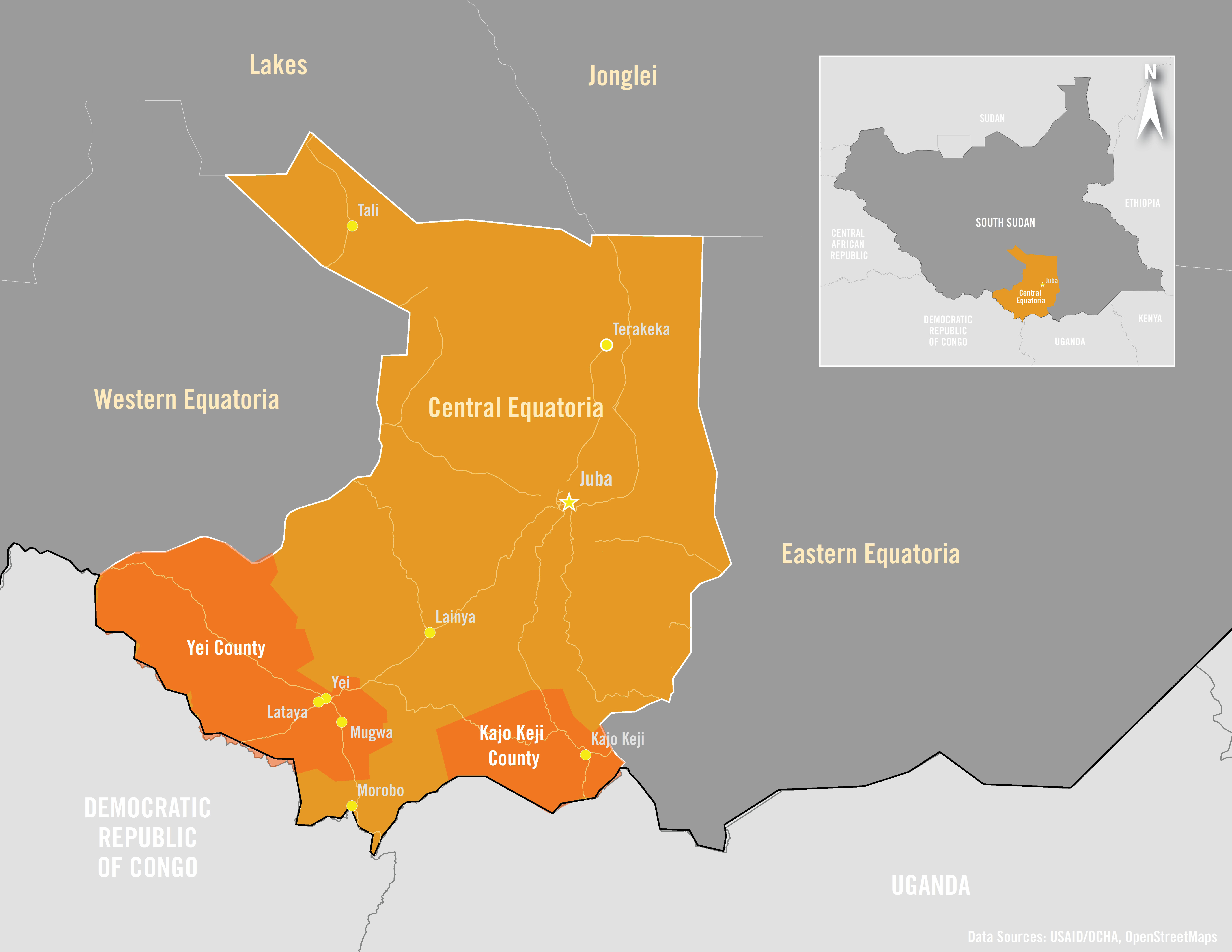 Karte der südsudanesischen Region Äquatoria