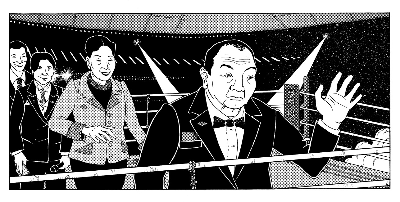 Mann im Anzug steht im Boxring