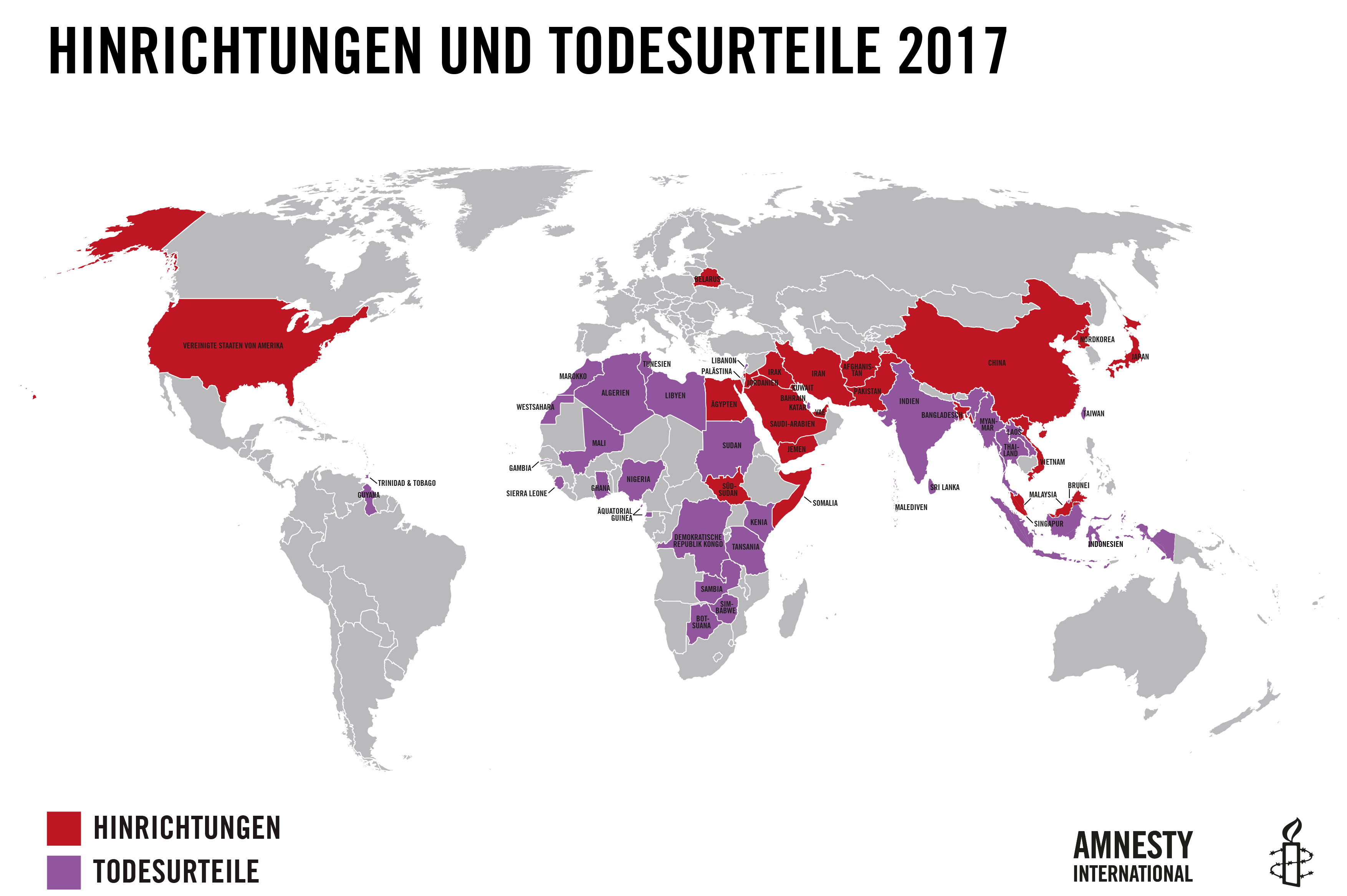Weltkarte, in der Staaten mit Hinrichtungen im Jahr 2017 rot eingefärbt und Staaten mit verhängten Todesurteilen im Jahr 2017 lila eingefärbt sind