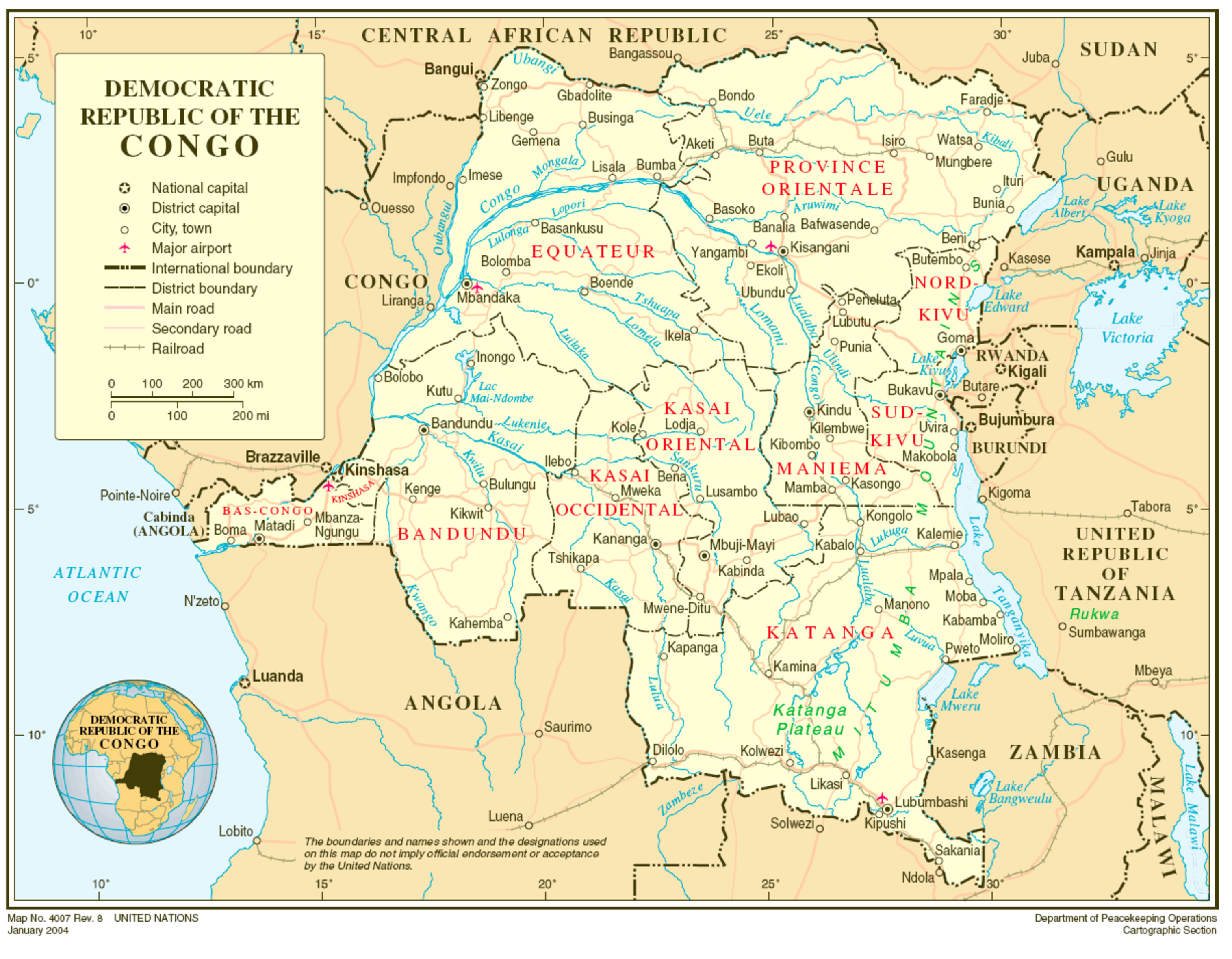 Karte der Demokratischen Republik Kongo, Afrika, mit Legende