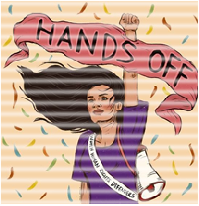 Zeichnung einer Frau in einem lila Shirt, die ein Megaphon um die Schulter gehängt hat, ihre linke Hand zur Faust hoch hält und ein Banner hinter sich hat, auf dem "Hands off" steht