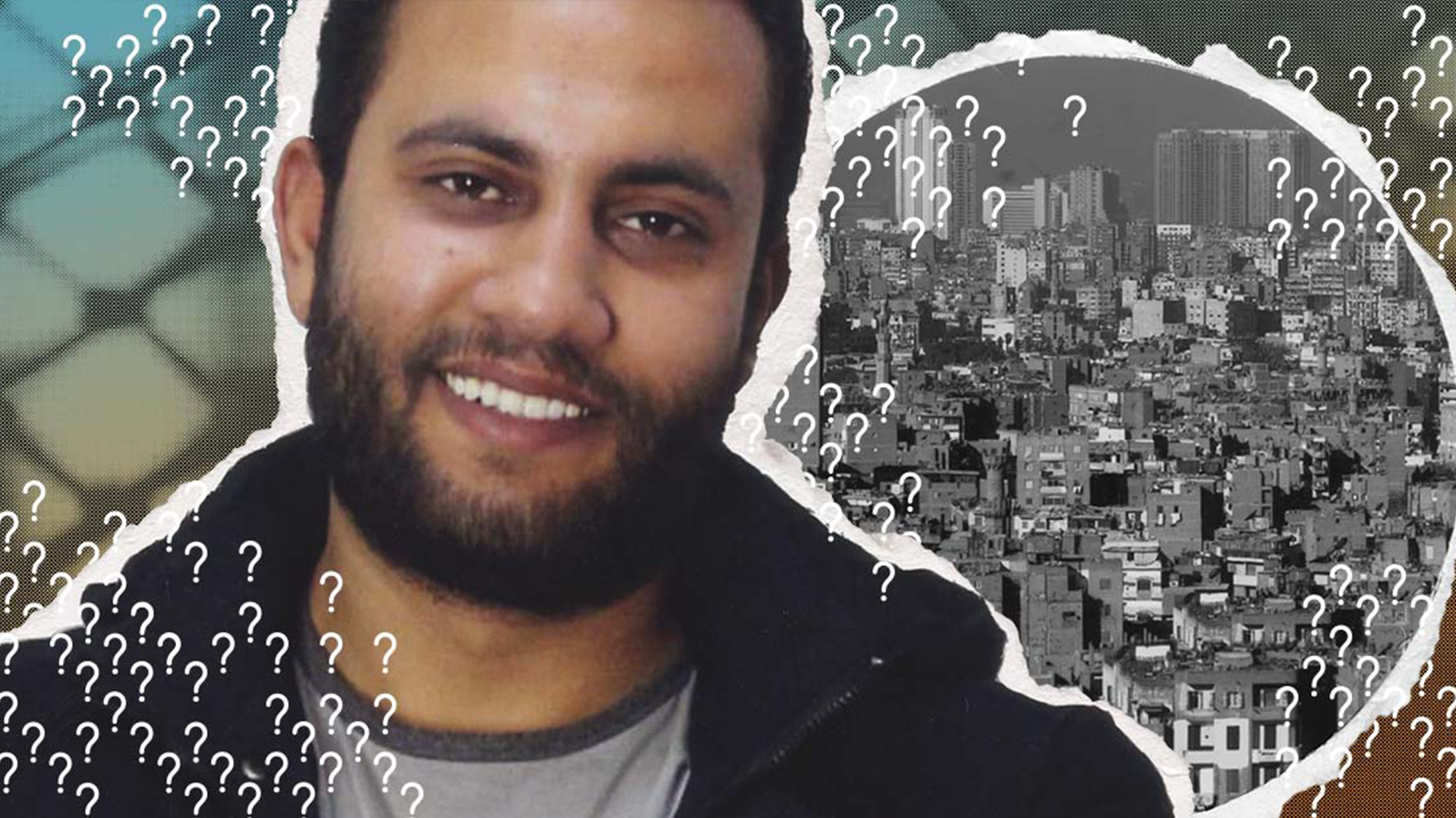 Collage mit: Junger Mann, der in die Kamera lächelt. Im Hintergrund sind Ausschnitte einer Stadt und Drahtzaun.