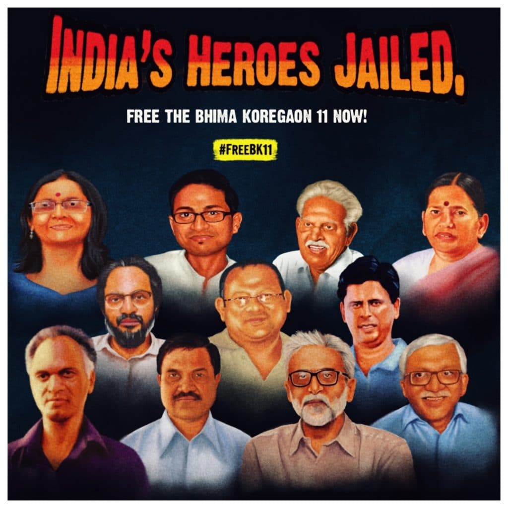 Ein Poster zeigt verschiedene Menschen, darüber der Schriftzug "India's Heroes Jailed"Poster für die Freilassung der Bhima Koregaon 11 mit deren gezeichneten Portraits