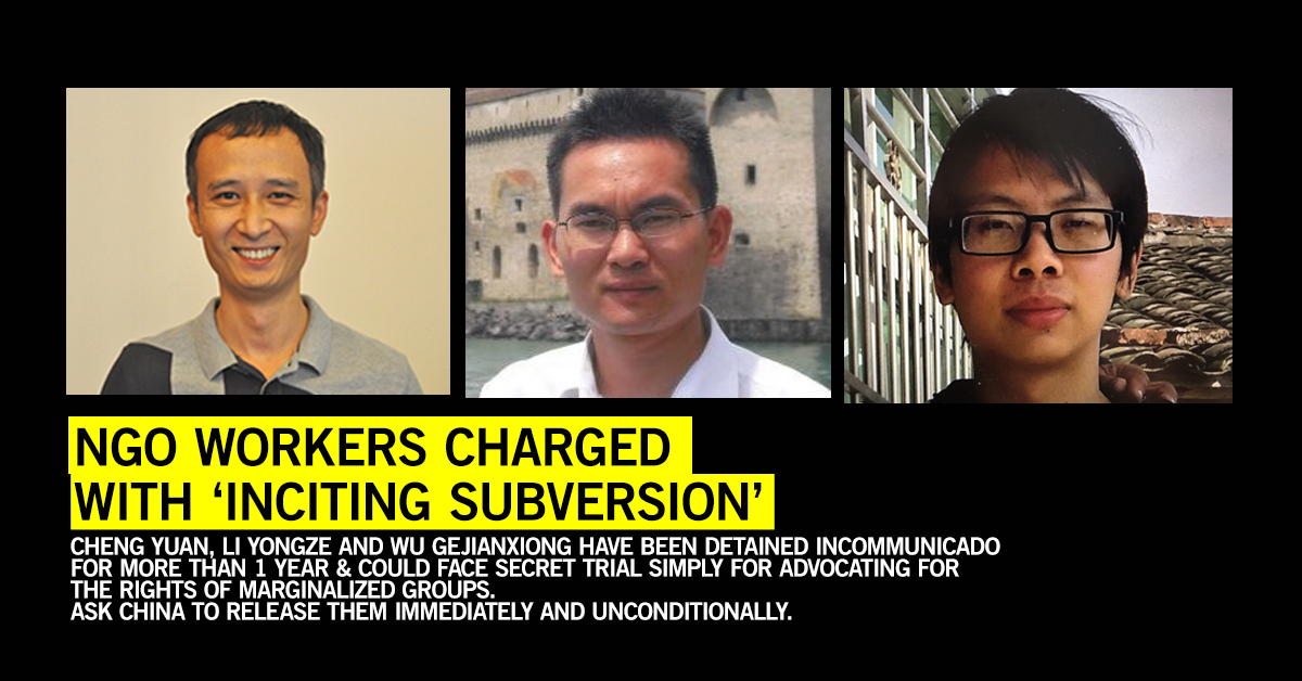 Porträtfotos von drei Mänern, darunter die Titelzeile: "NGO Workers Charged With 'Inciting Subversion'"