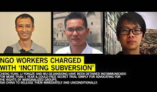 Die Fotos von drei chinesischen Männern. Darunter in schwarzen Lettern auf gelbem Hintergrund: "NGO Workers charged with "inciting subversion""