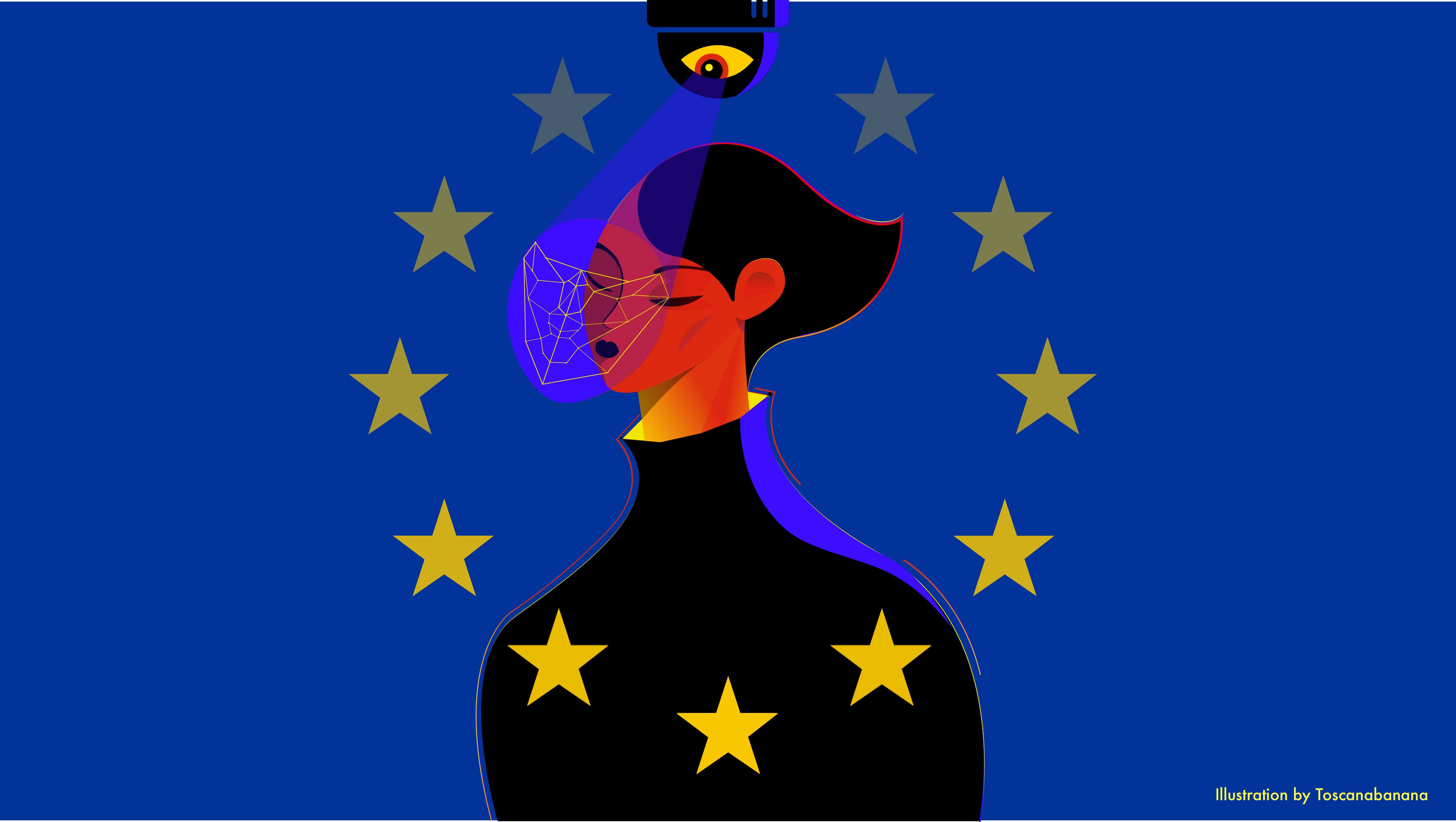Zeichnung einer Frau, die eingekreist wird von dem Sternen-Kreis der EU-Flagge. Anstelle des Sterns ganz oben ist eine Überwachungskamera zu sehen, die das Gesicht der Frau scannt