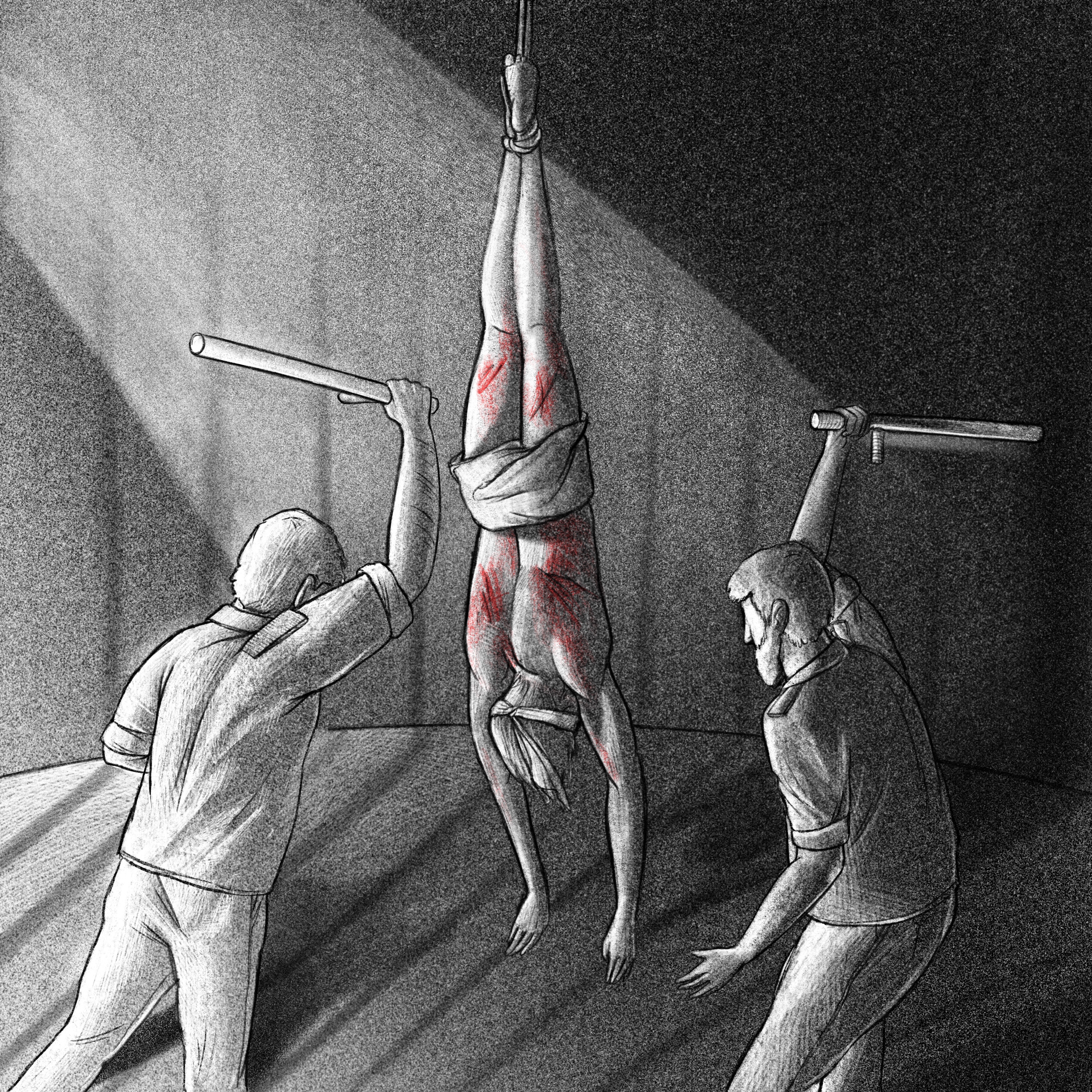 Die schwarz-weiße Grafik zeigt zwei Männer, die einen dritten an den Füßen aufgehängten und blutenden Mann mit Schlagstöcken verprügeln. 