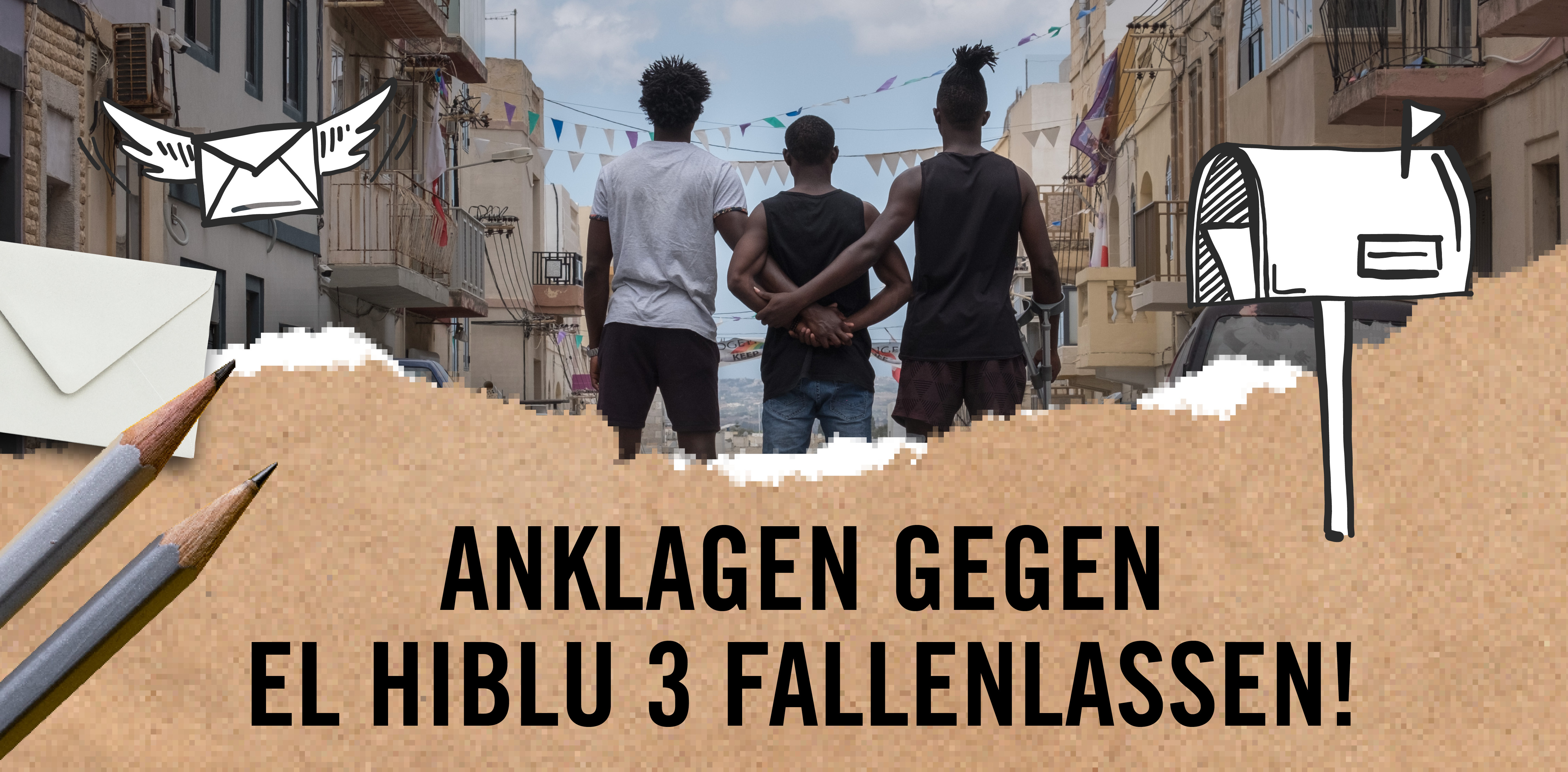 3 Jugendliche stehen nebeneinander mit dem Rücken zur Kamera und haben die Arme umeinander gelegt + grafische Elemente (Briefumschlag, Stifte, Briefkasten) + Schrift: Khaled freilassen!