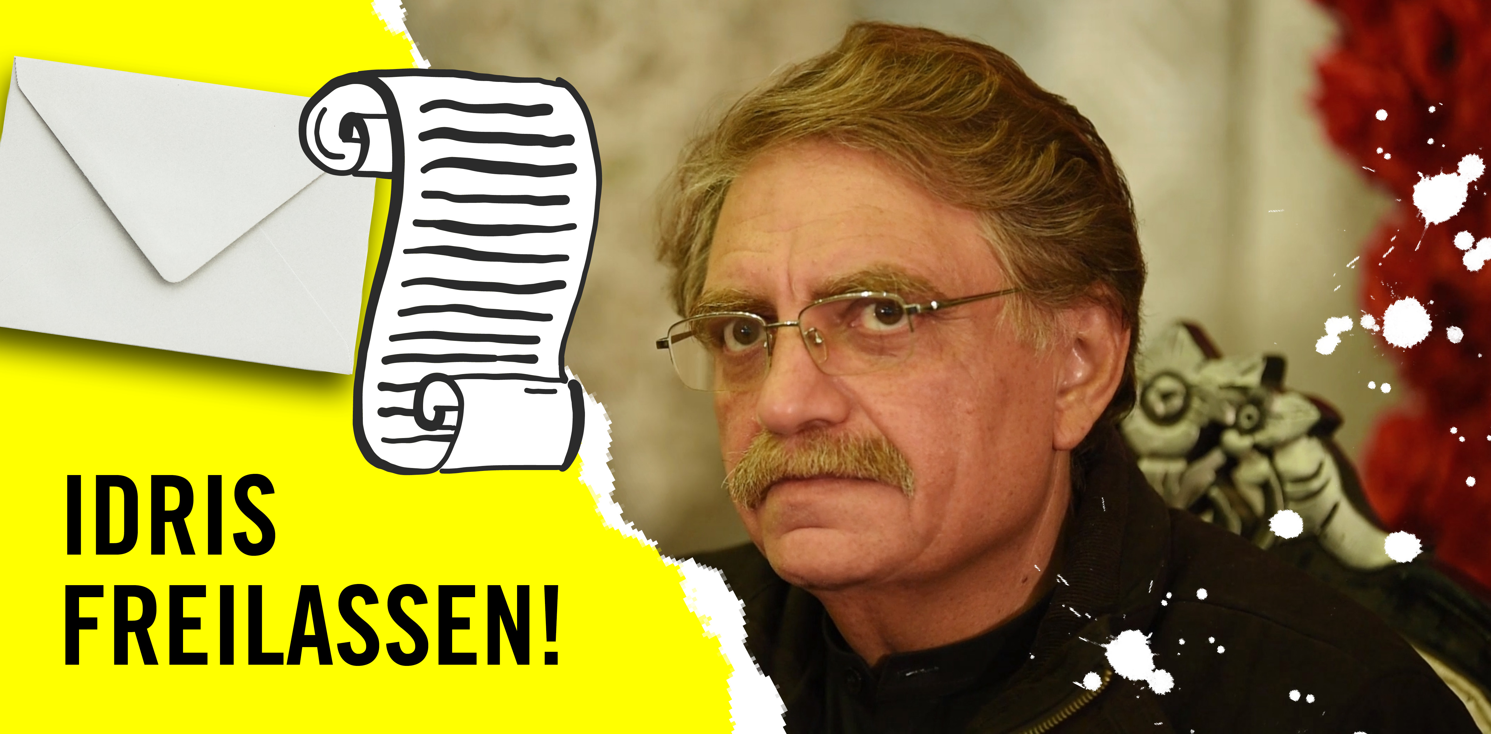 Portät von Germain Rukuki + grafische Elemente (Briefumschlag, Schriftrolle) + Schrift: Idris freilassen!