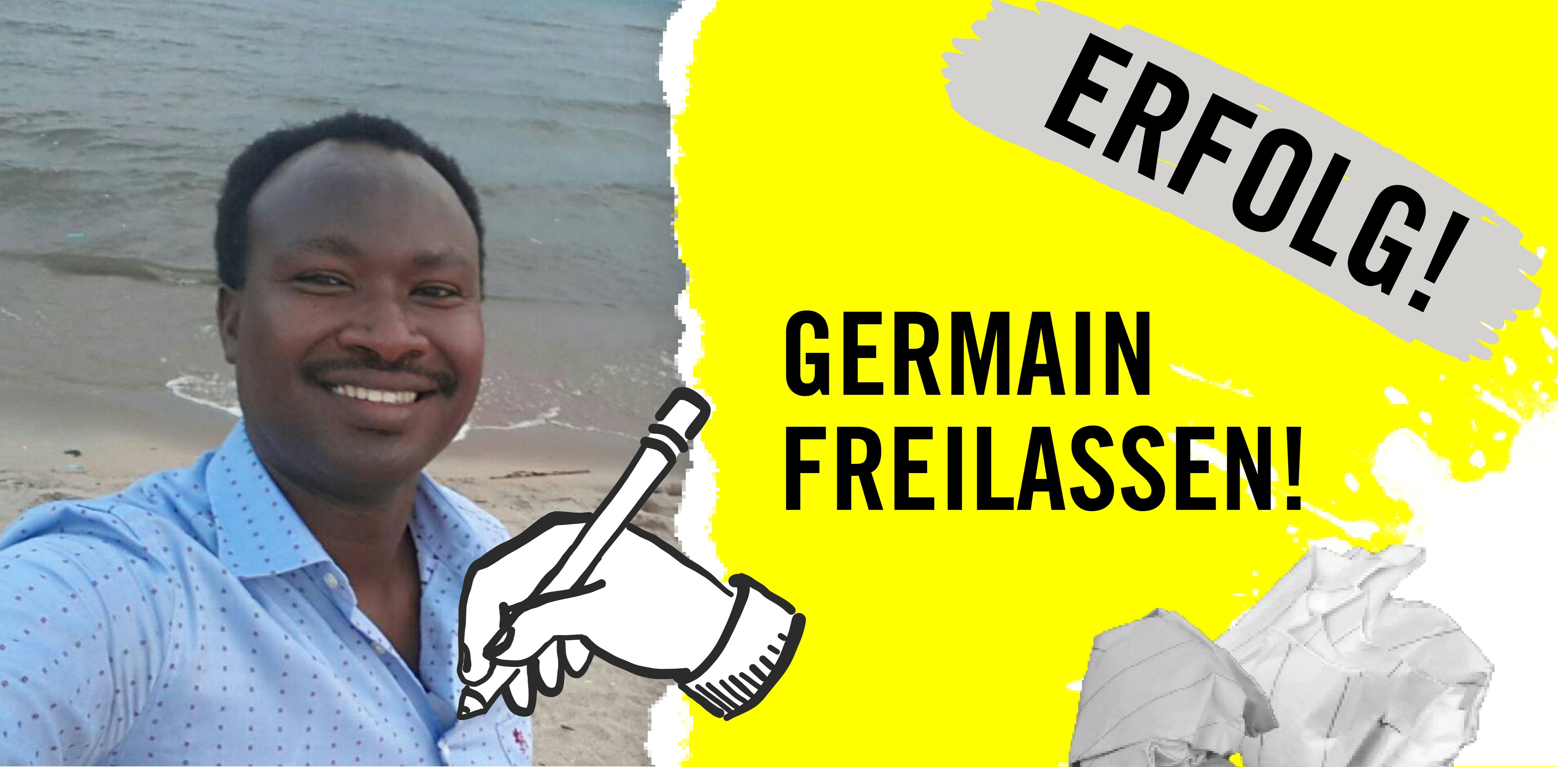 Portät von Germain Rukuki + grafische Elemente (Hand mit Kugelschreiber) + Schrift: Germain freilassen! + Erfolg!