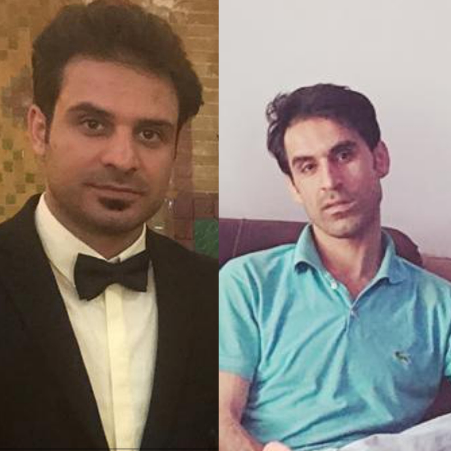 Collage aus zwei Fotos. Links ist ein Foto von Habib Afkari im Smoking und rechts daneben ist ein Foto von Vahid Afkari, der ein blaues Poloshirt trägt. Beide schauen in die Kamera.