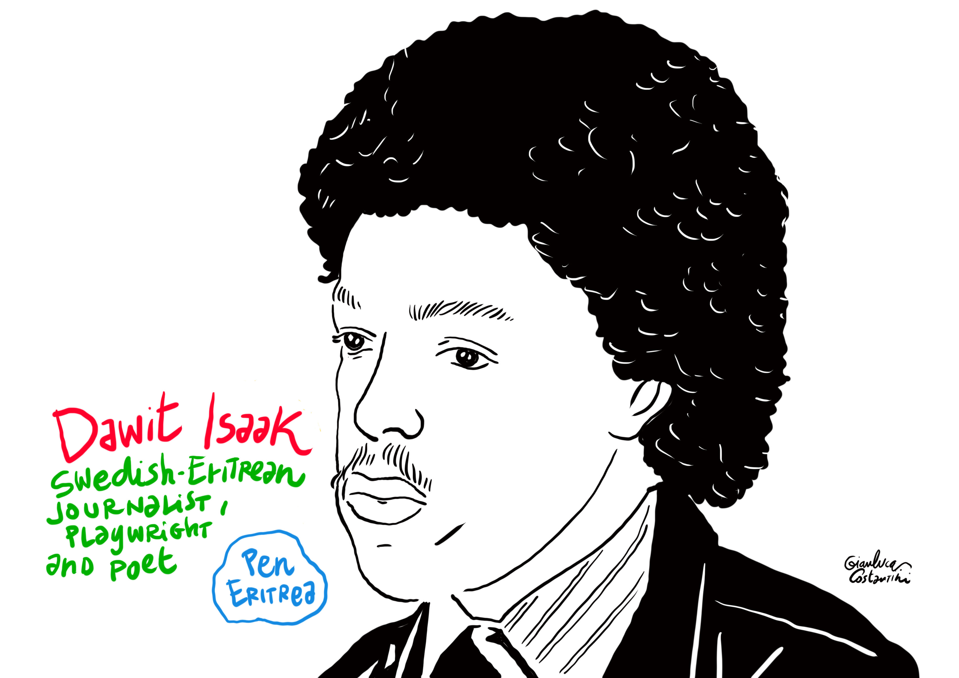 Das Bild ist eine grobe Portraitskizze eines Mannes. Er hat kurze, schwarze Locken, einen Schnurrbart und trägt eine Krawatte. Neben seinem Kopf steht in roter Farbe sein Name und mit in grün steht "Swedish-Eritrean Journalist, Playwright and poet".