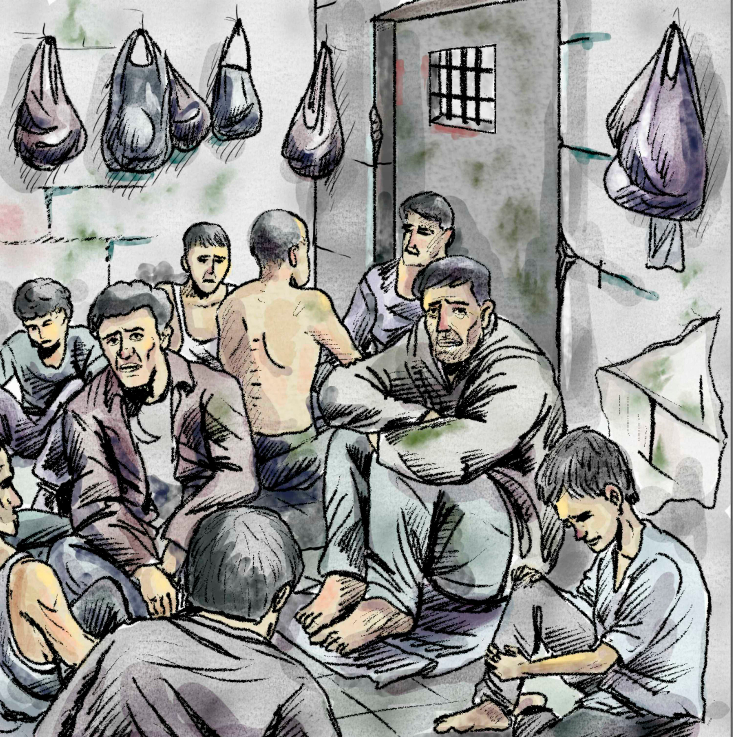 Eine Illustration in Grautönen von neun Männern, die am Boden einer kleinen Zelle sitzen und die Köpfe hängen lassen und ernste Blicke haben, an der Tür ist ein kleines Fenster mit Gitterstäben und an den Wänden hängen Beutel oder Kleider