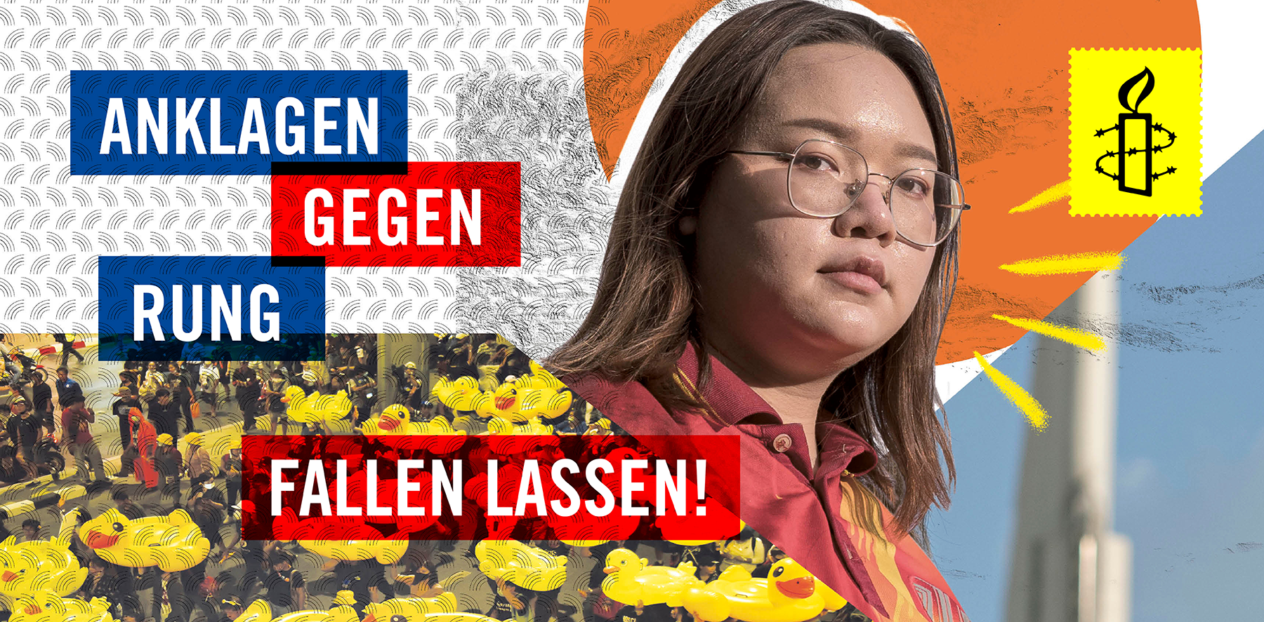 Im Hintergrund der Collage ist ein Muster schwarz auf weiß angedeutet. Oben Mitte rechts ist ein orangener Halbkreis. Unten befindet sich von links in Richtung Mitte der Ausschnitt eines Fotos von Quietsche-Enten. Unten rechts ist ein dreieckiger Ausschnitt eines Fotos von einem Turm. Über dem Hintergrund ist mittig das Porträt von einer Frau. Sie schaut Richtung Betrachter_in. Rechts oben ist eine gelbe Briefmarke mit Amnesty-Logo. Links steht „Anklagen gegen Rung fallen lassen!“ auf drei blauen und roten 