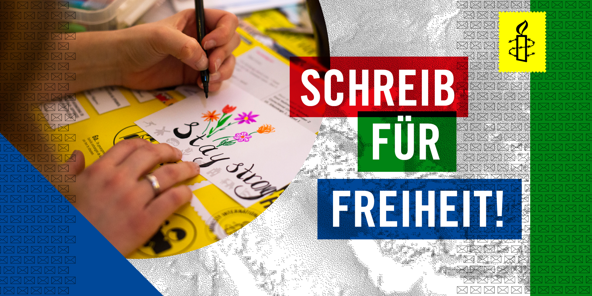 Grafik mit einer schemenhaften geografischen Karte im Hintergrund, schwarz auf weiß. Mitte-links ist ein runder Auschnitt eines Fotos mit einer Nahaufnahme von Händen, die einen Brief schreiben. Rechts daneben drei bunte Balken mit dem Text "Schreib für Freiheit!" Oben rechts befindet sich eine gelbe Briefmarke mit der Amnesty-Kerze.