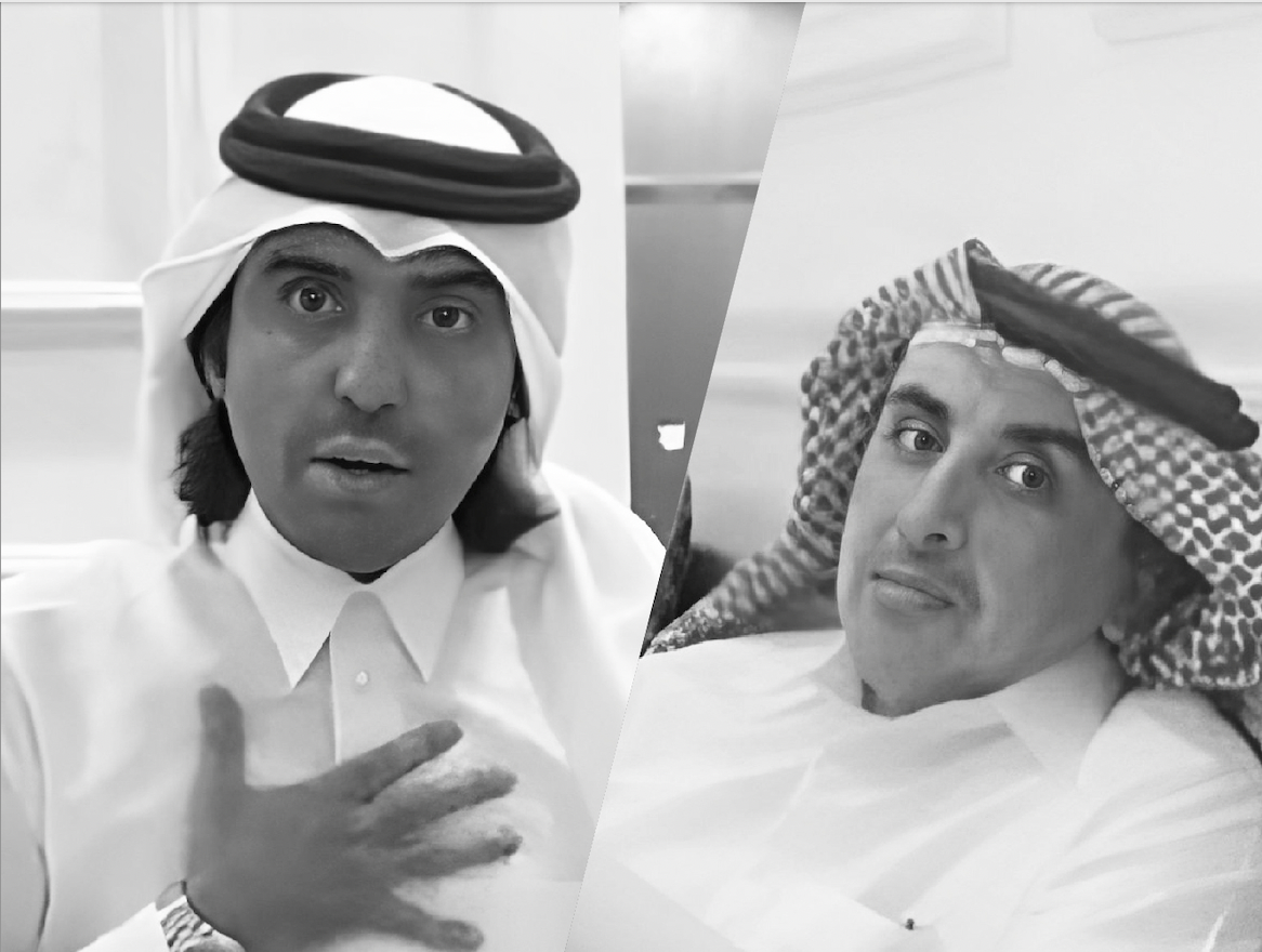 Zwei Porträtfotos von Hazza und Rashed bin Ali Abu Shurayda al-Marri, die traditionelle Hemden und eine traditionelle Kopfbedeckung tragen.