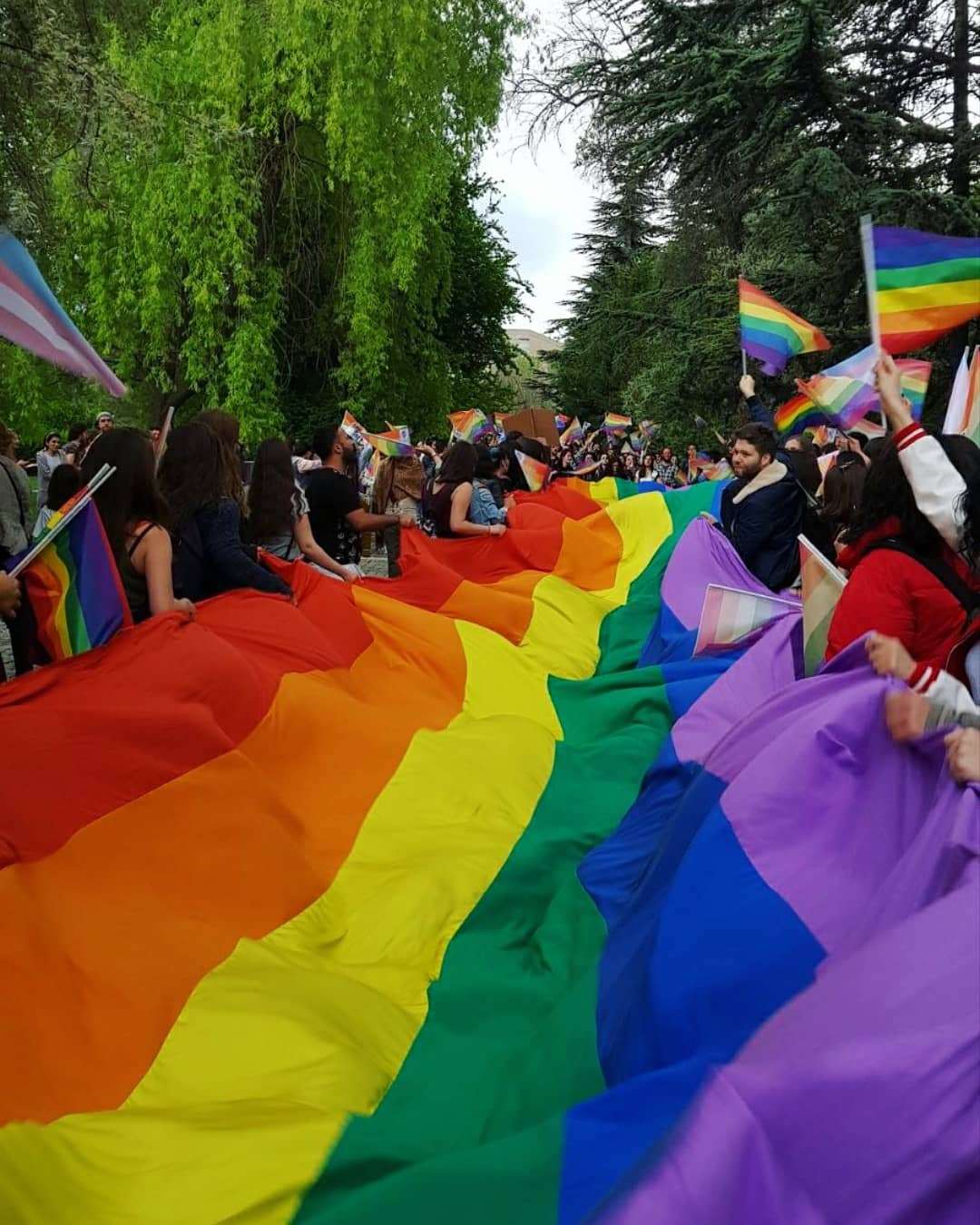 Das Bild zeigt eine Demonstration, die Personen tragen eine meterlange Regebogenflagge sowie kleine Fahnen
