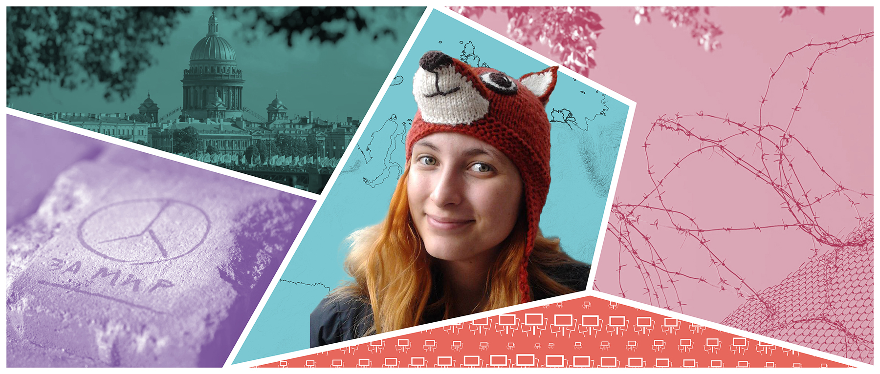 Collage aus mehreren Fotos, darunter ein Porträt von Aleksandra Skochilenko mit einer Fuchsmütze