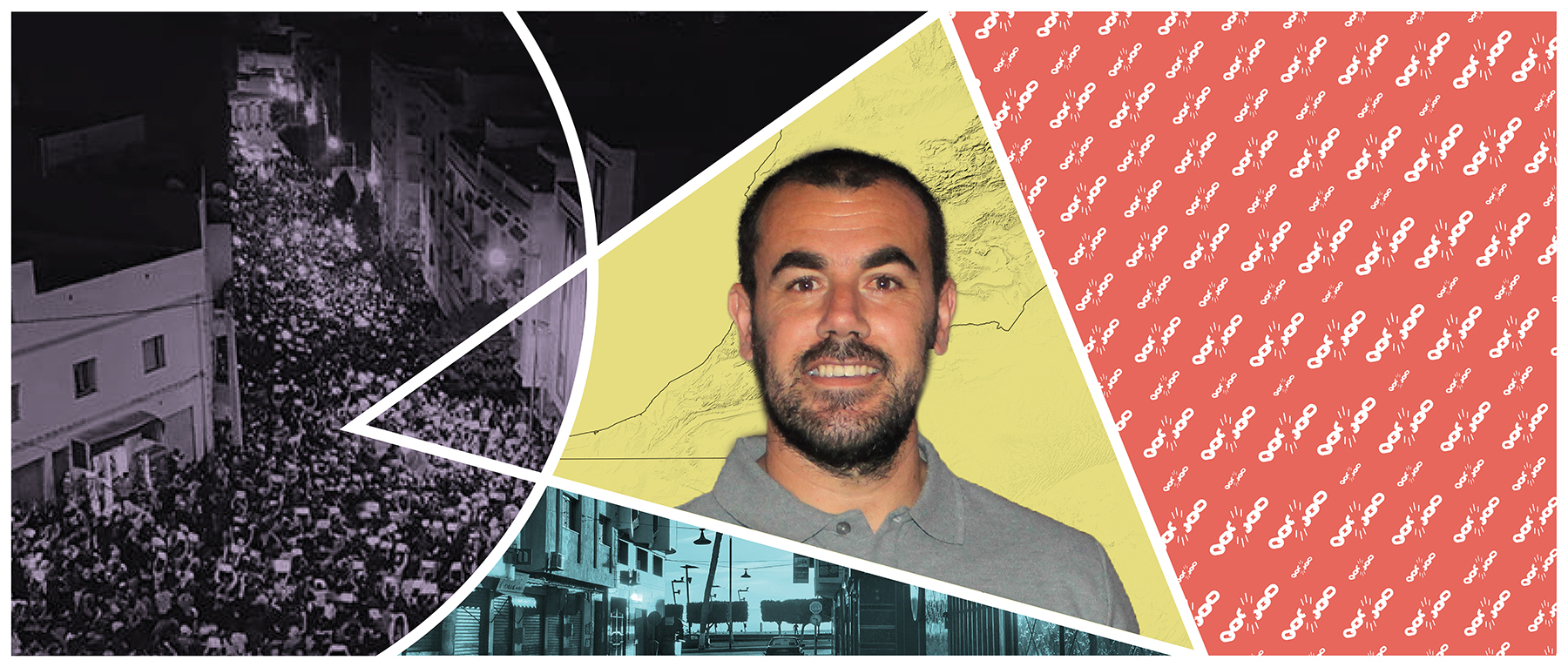 Collage aus mehreren Fotos, darunter ein Porträt von Nasser Zefzafi und eine Straßenszene.