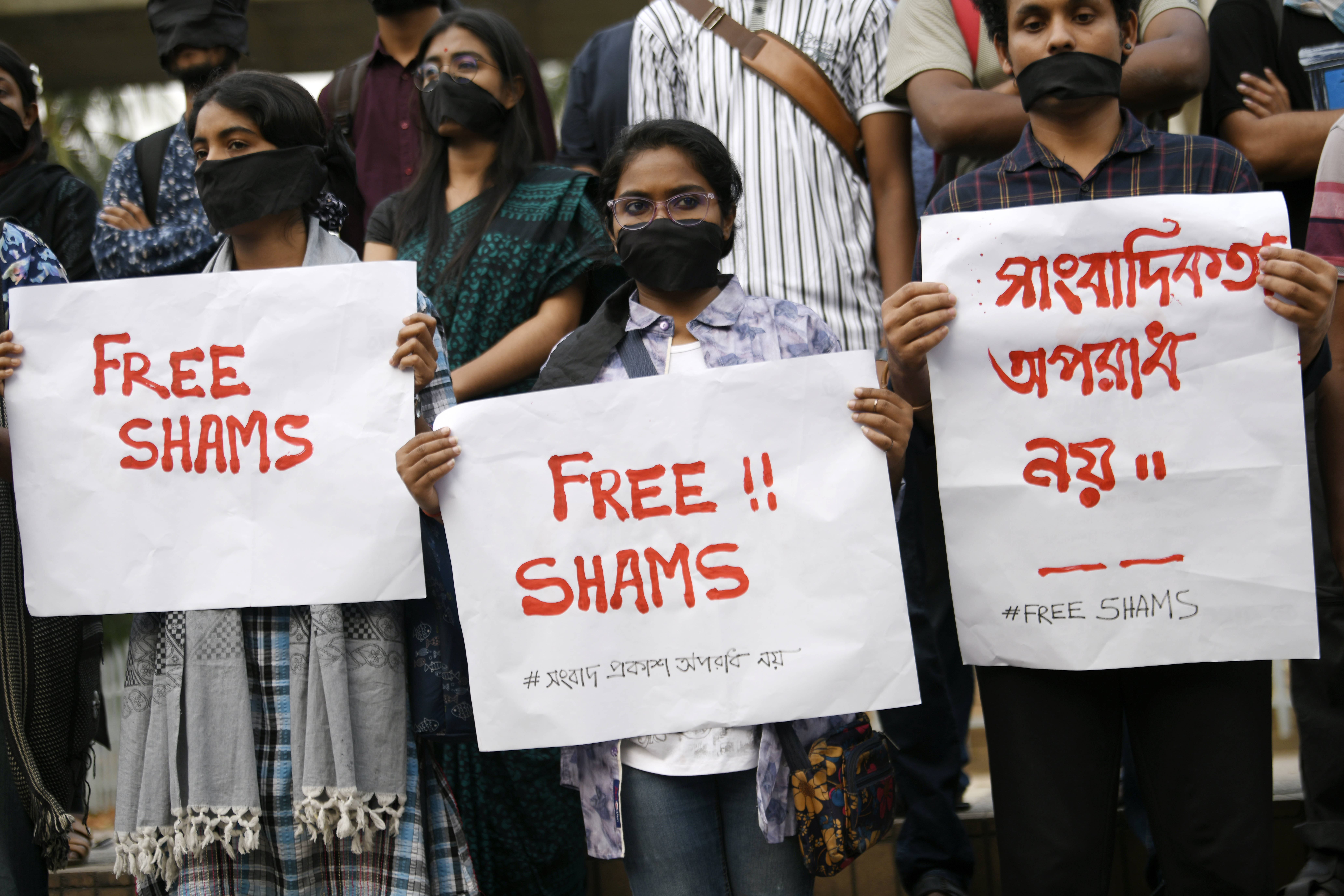 Mehrere Personen stehen nebeneinander. Sie haben ihre Münder mit Tüchern verbunden und halten Schiler hoch. Auf einem steht: "Free Shams!"