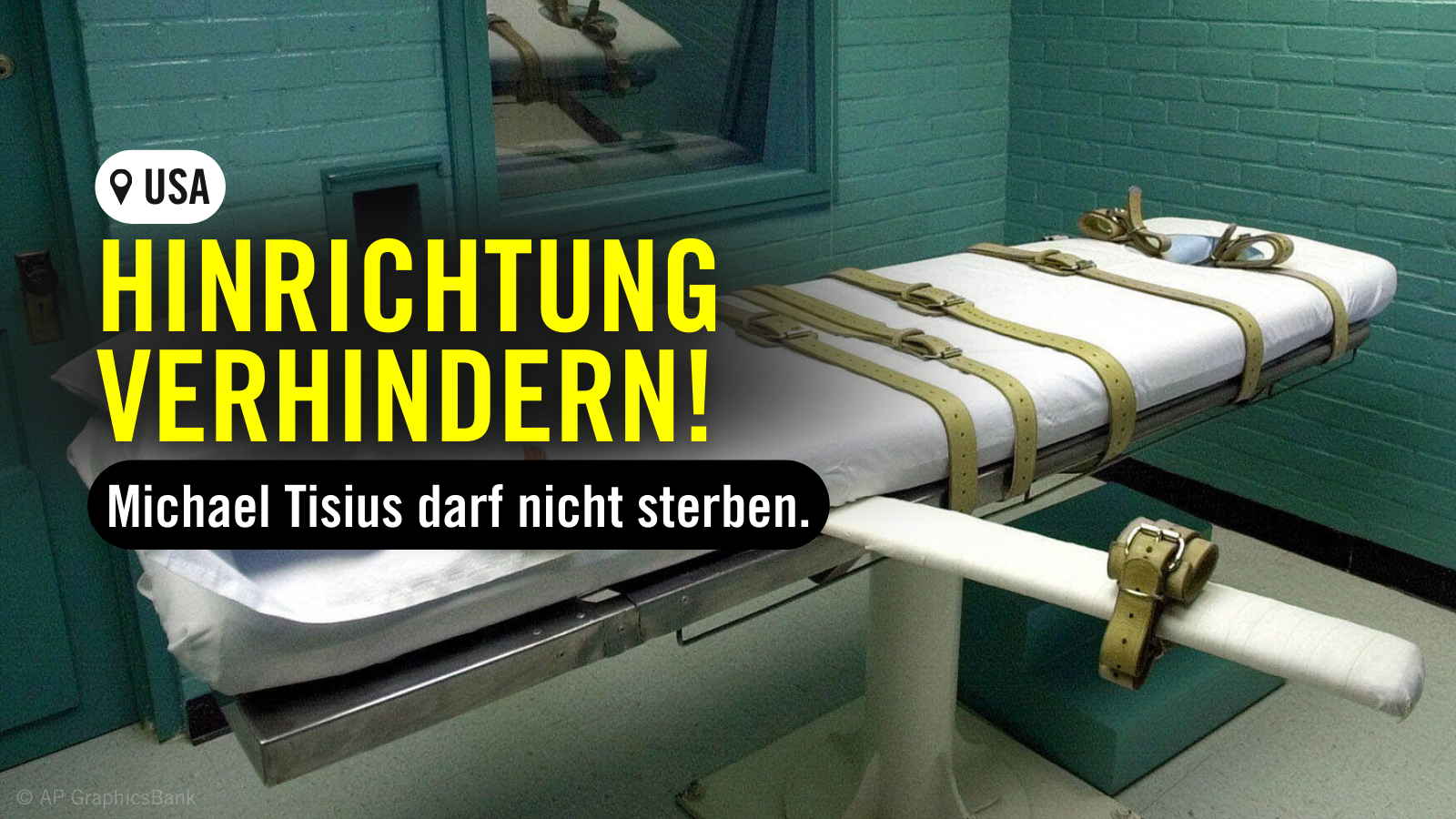 Foto einer Hinrichtungszelle in den USA mit Aufschrift "Hinrichtung verhindern! Michael Tisius darf nicht sterben."