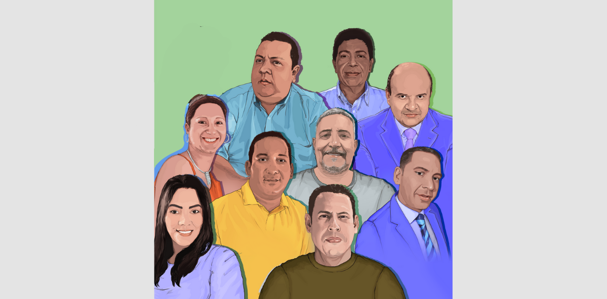 Eine Collage bestehend aus Porträtzeichungen von neun Personen.