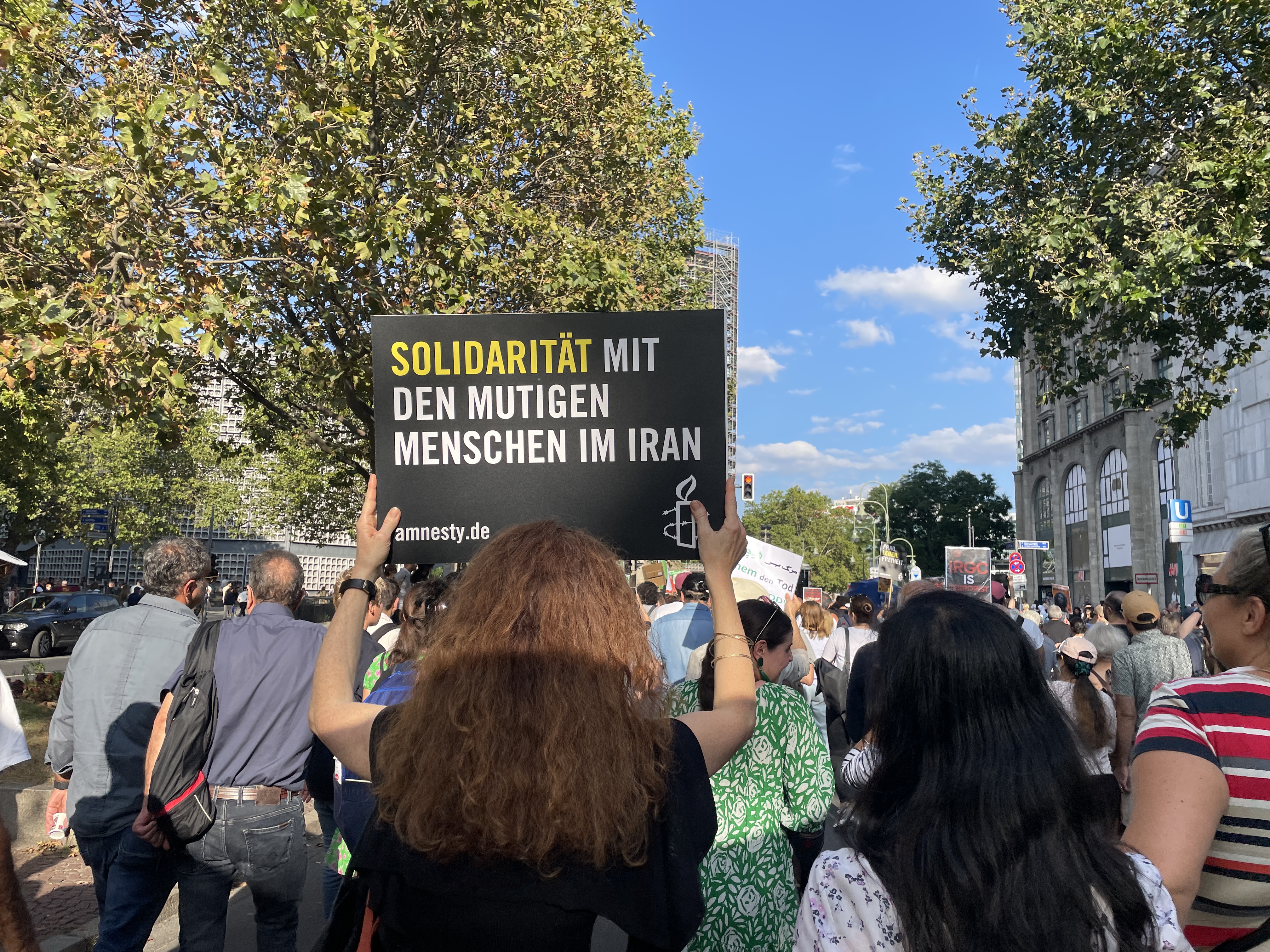 Das Bild zeigt mehrere Menschen bei einer Demonstration, man sieht das Schild "Solidarität mit den mutigen Menschen im Iran"