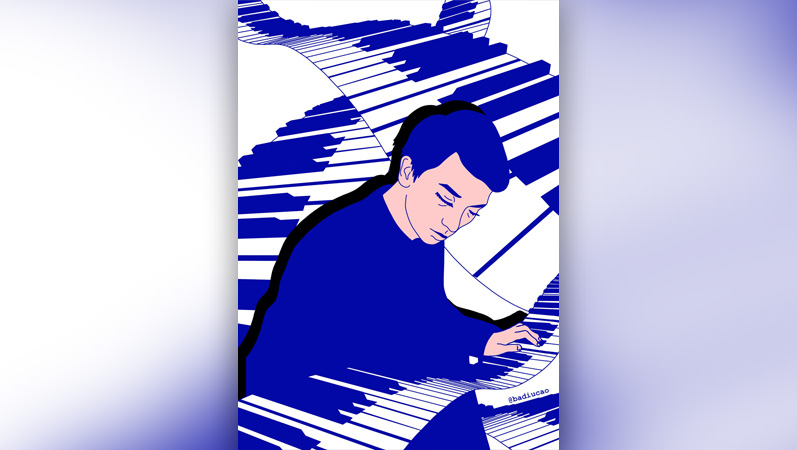 Die Illustration zeigt ein gezeichnetes Foto von Yashar im Profil, wie er an einem Klavier sitzt.