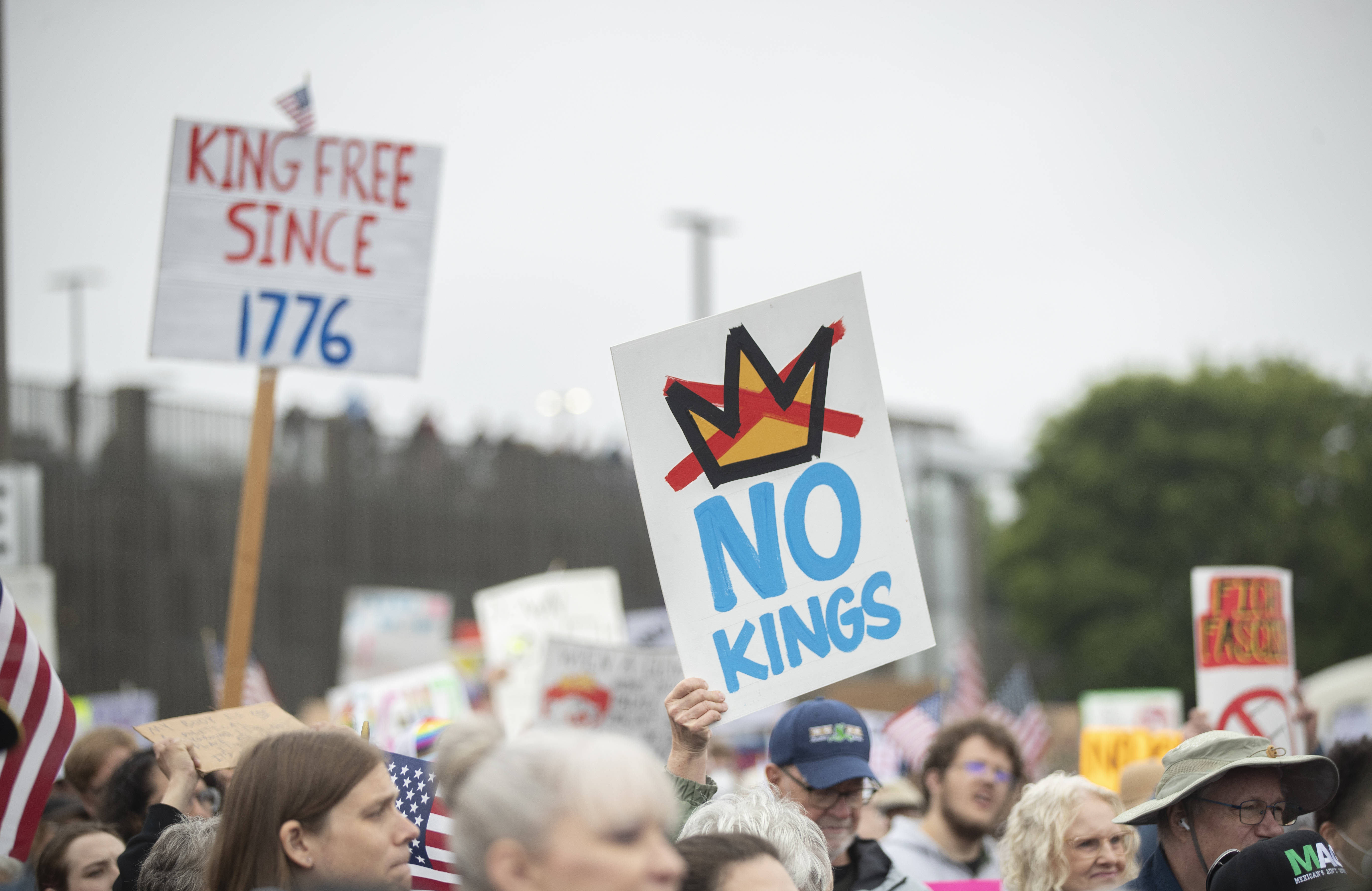 Das Foto zeigt einen Demonstrationszug mit vielen Menschen. Eine Person weiter vorn hält ein Schild hoch, auf dem steht: "No Kings".