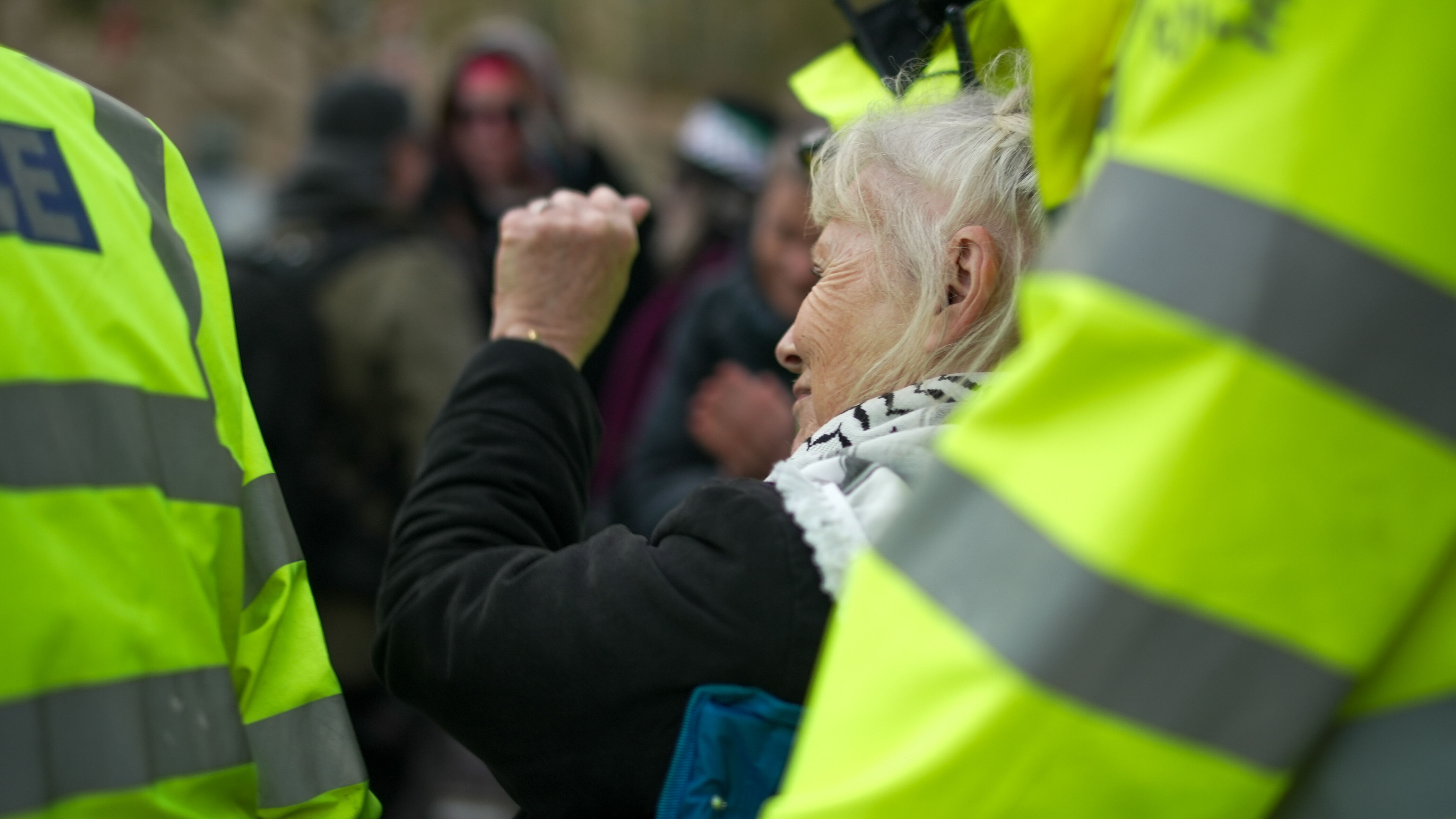 Das Foto zeigt eine ältere Frau mit Palästinensertuch inmitten von uniformierten Sicherheitskräften. Sie reckt die linke Faust hoch.
