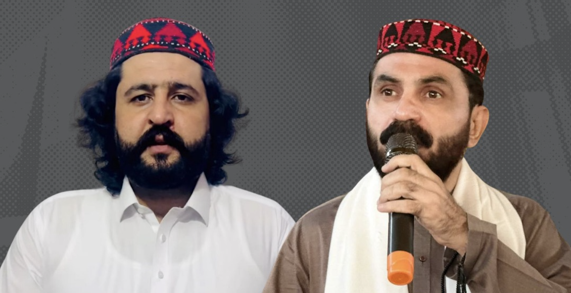 Collage bestehend aus zwei Porträtsfotos von Hanif Pashteen und Noor Ullah Tareen. Sie tragen eine traditionelle Kopfbedeckung. Noor Ullah Tareen spricht in ein Mikrofon, das er in seiner linken Hand hält. 