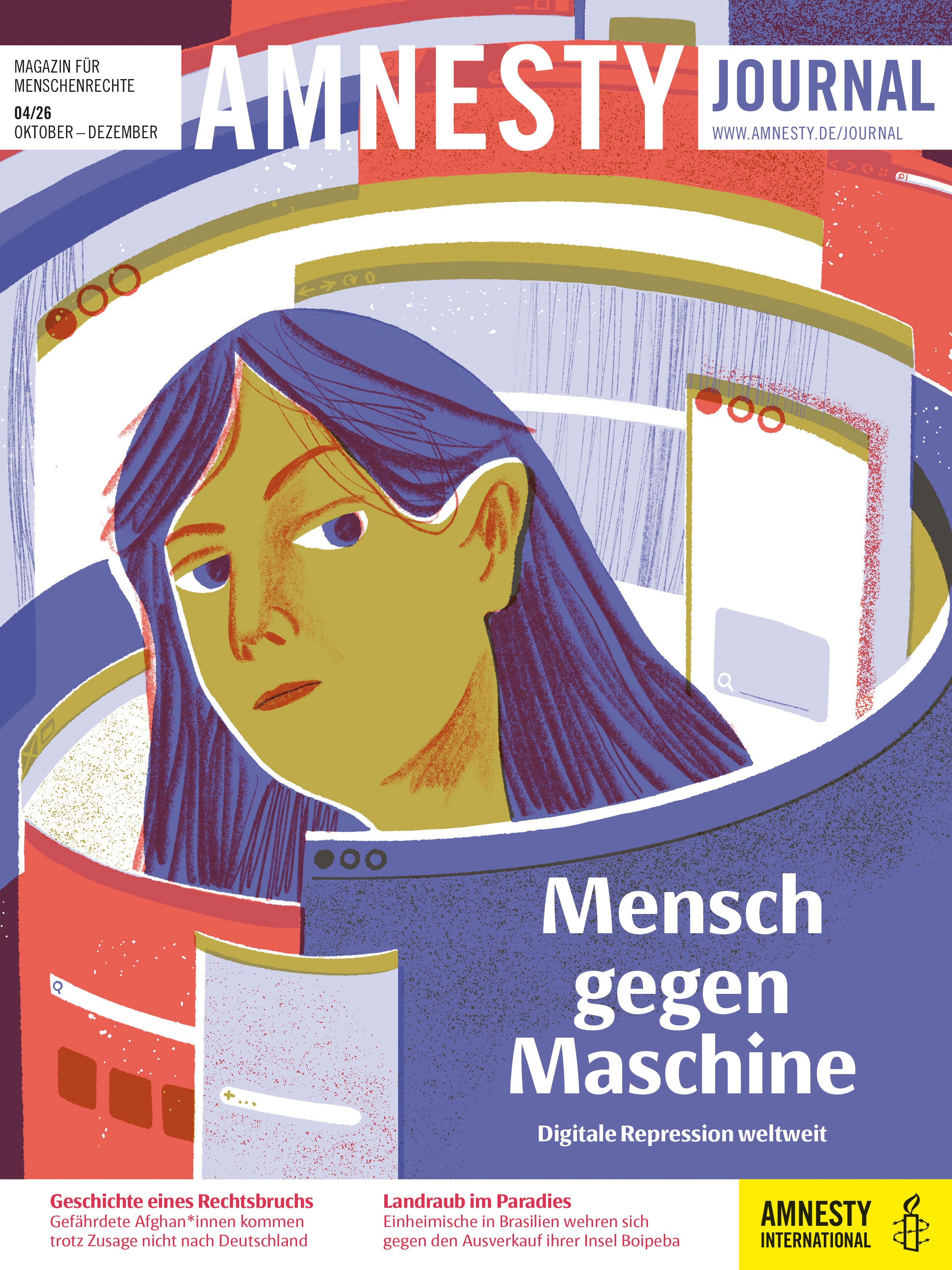 Gezeichnete Illustraion: Eine Person mit langen Haaren ist umzingelt von gebogenen Browser-Fenster, die eine Art Trichter um die Person herum bilden.