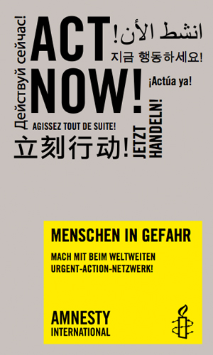 Faltblatt Cover: "Urgent Action: Act Now - Menschen in Gefahr"