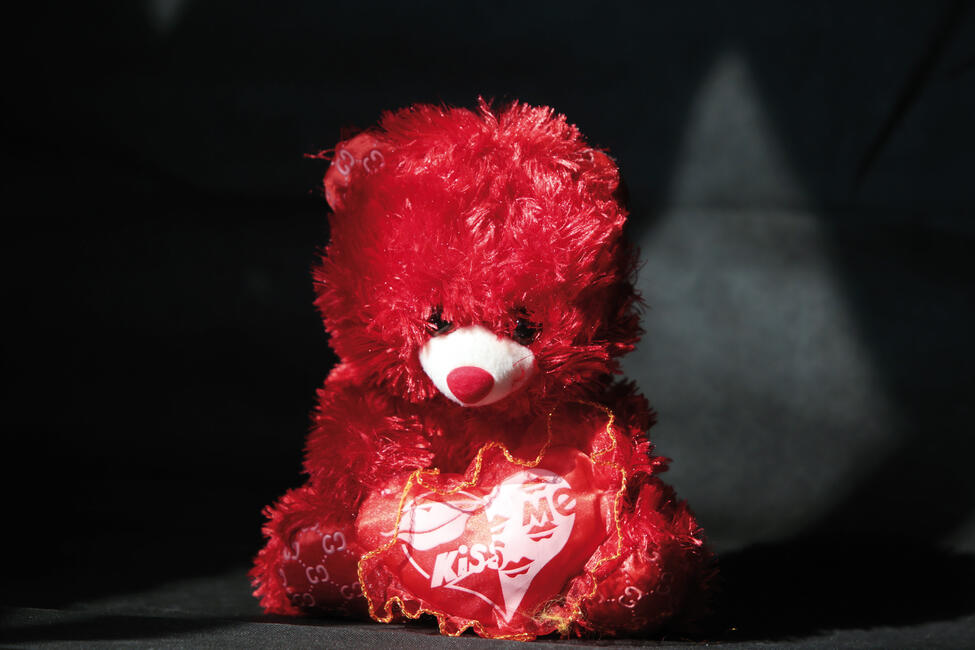 Roter Teddybär vor schwarzem Hintergrund