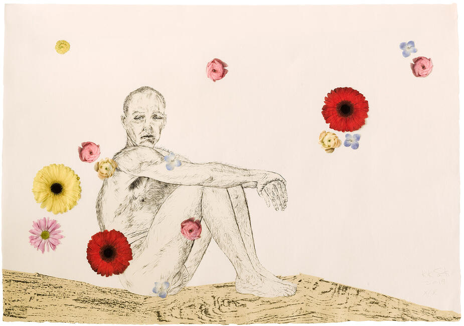 Zeichnung eines Menschen, der auf einer Wiese sitzt, umgeben von Blumen