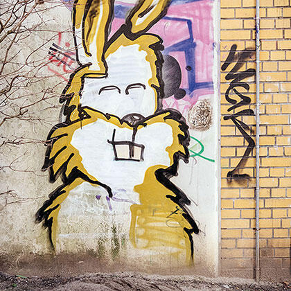 Ein Bild an einer Hauswand zeigt einen Hasen.