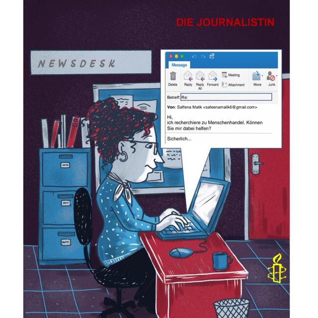 Zeichnung einer Frau am Schreibtisch, die an einem Laptop arbeitet. Vergrößert sieht man die Phishing-E-Mail, die sie gerade verschickt.