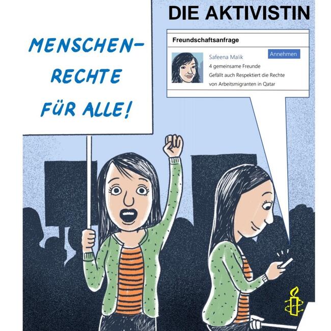 Zeichnung einer Frau, die auf einer Demo ein Schild hoch hält, und einer Frau die auf der Demo mit ihrem Handy eine Freundschaftsanfrage bei Facebook versendet