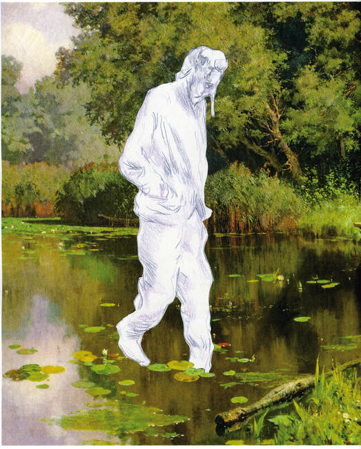 Das Bild zeigt die Skizze einer Person in schwarz-weiß, die durch ein Moor spaziert.